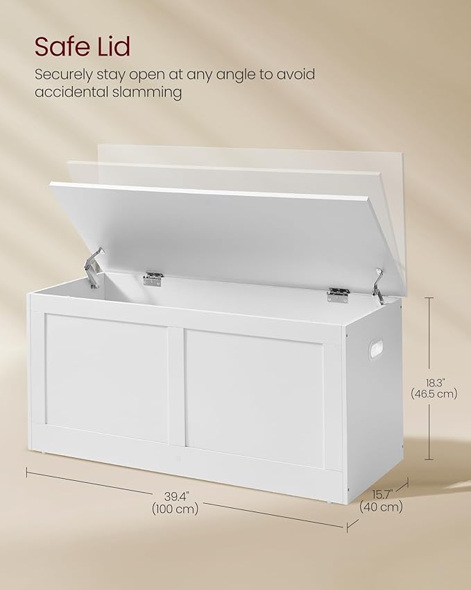 VASAGLE Storage Chest, Storage Trunk with 2 Safety Hinges, Storage Bench, Shoe Bench, Farmhouse Style, 15.7 x 39.4 x 18.3 Inches, for Entryway, Bedroom, Living Room, Cloud White ULSB164W01