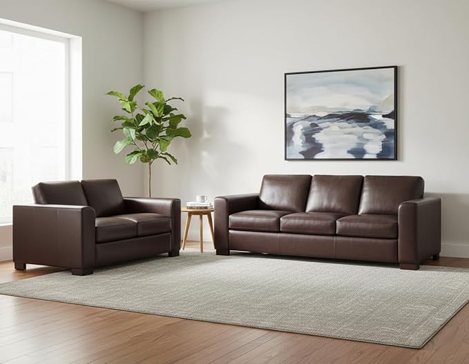 Naomi Home Freya Genuine Leather Sofa + Loveseat - Luxurious Comfort, Goose Feather Cushion Filling, Square Arm Design, Sturdy Block Legs, Elegant Espresso - Ideal for Living Room, Office, or Bedroom
