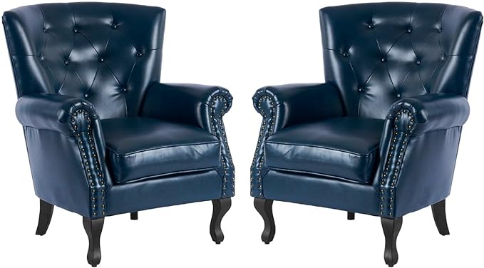 MOJAY PU Leather Accent Chair Set of 2, Mid-Century Modern Armchair Living Room Club Chair with Tufted Button & Rivet Trim, Upholstered Sofa Chair with Sturdy Wood Legs for Bedroom (Navy)