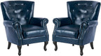 MOJAY PU Leather Accent Chair Set of 2, Mid-Century Modern Armchair Living Room Club Chair with Tufted Button & Rivet Trim, Upholstered Sofa Chair with Sturdy Wood Legs for Bedroom (Navy)