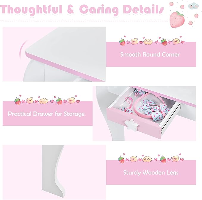 HONEY JOY Unicorn Kids Vanity, Toddler Makeup Table with Mirror and Stool, Wooden Pretend Play Vanity for Little Girls, Detachable Mirror and Storage Drawer, Kids Vanity Table and Chair Set (White)