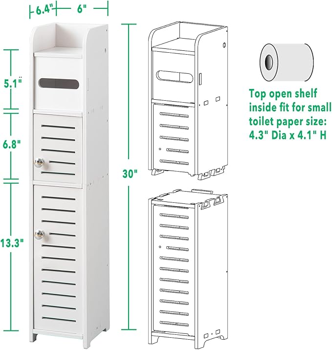 TuoxinEM Storage Cabinet for Small Spaces, Over The Toilet Cabinet for Skinny Bathroom Storage Corner Floor, Slim Paper Holder with 2 Doors & Shelves (White)