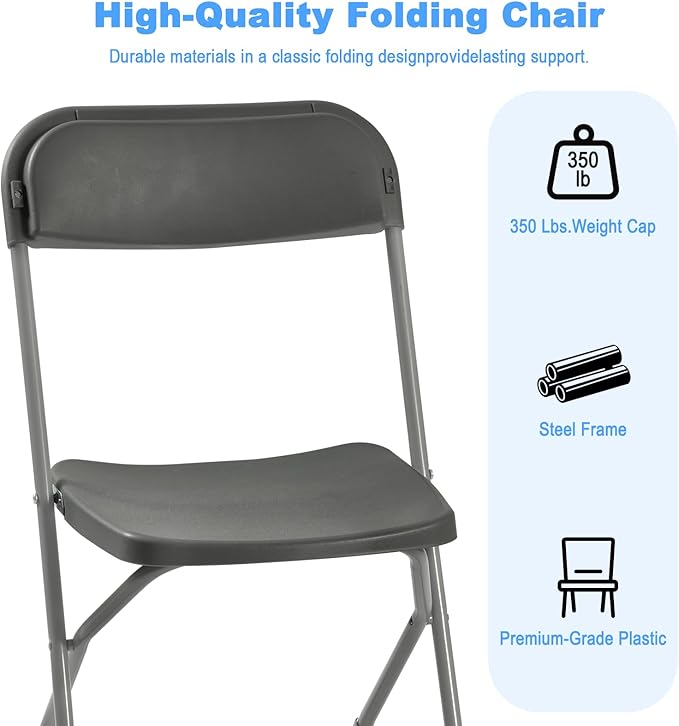 60 Pack Plastic Folding Chairs, Portable Party Chairs, Stackable Commercial Seats with Steel Frame for Home Office Wedding Party Indoor Outdoor Events Chairs, 350lbs Capacity,Gray
