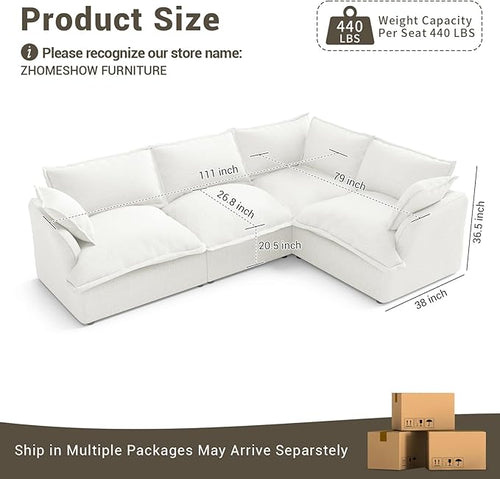 111” Oversized Modular Sectional Sofa, Comfy Down Fill Cloud Couch, L Shaped 4 Seater Couches with Washable Cover, Convertible Sectional Couches for Living Room, Cream White