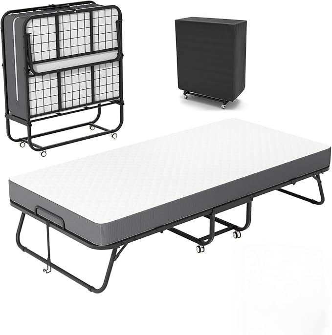 75" x 38" Folding Beds with Mattress for Adults, Portable Foldable Twin Bed with Memory Foam Mattress & Super Strong Frame, Convenient Roll Away Guest Bed for Storage