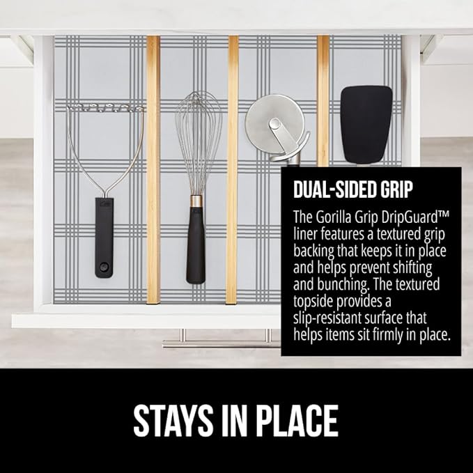 GORILLA GRIP DripGuard Shelf Liner, Non Adhesive Drawer and Kitchen Cabinet Protector, 20x240 Inch, Slip Resistant BPA Free Smooth Surface Plastic Liners for Cabinets, Bathrooms, Closets, Gray White