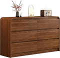 55 Inch Dresser For Bedroom 6 Drawer Wood Chest of Drawers - Curved Anti Collision, Mid Century Dresser For Closet with Natural Texture & Pre-Embedded Slots for TV Stand, Living Room, Nursery