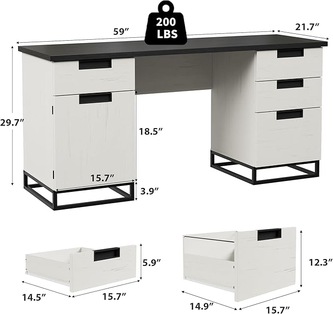 IDEALHOUSE Farmhouse Executive Desk, 59" Computer Desk, White Home Office Desks with File Drawer and Storage Cabinet, Wood Writing Desks for Home Office, Bedroom, White+Black