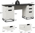 IDEALHOUSE Farmhouse Executive Desk, 59" Computer Desk, White Home Office Desks with File Drawer and Storage Cabinet, Wood Writing Desks for Home Office, Bedroom, White+Black