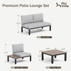 PHI VILLA 5 Pieces Outdoor Patio Furniture Set,Metal Frame Modern Outdoor Sectional Sofa Set,6 Seats Patio Conversation Sets with Coffee Table&Thickened Cushion,for Poolside and Backyard,Light Grey