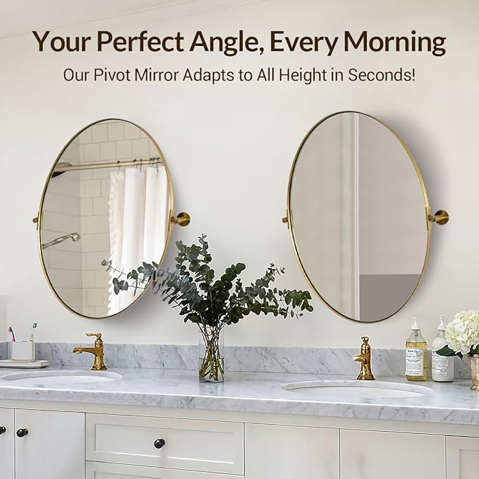 ANDY STAR Gold Bathroom Mirror, 22" x 34" Tilting Vanity Oval Mirror for Wall, Brushed Gold Stainless Steel Metal Frame Pivot Mirror Hangs Vertically Wall-Mounted