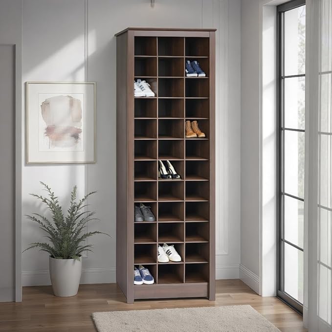Prepac Elegant Brown Shoe Storage Cabinet, Space-Saving Solution with Cubbies for 36 Pairs, 13"D x 23.5" W x 72.5" H