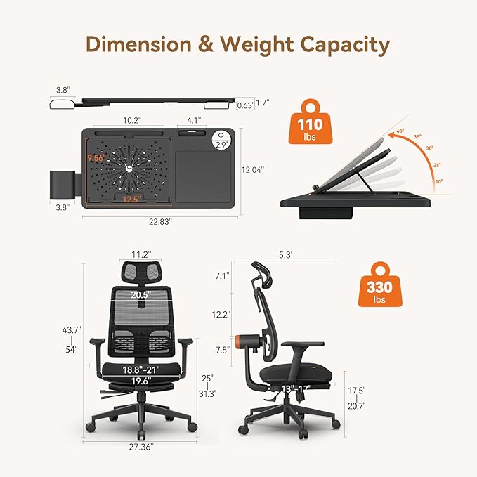 Newtral Office Chair Ergonomic with Footrest, Auto-Following Lumbar Support, High Back Desk Chair with 4D Armrest,136° Tilt Lock, Adjustable Seat Depth & Height (Upgrade with Laptop Tray, Black)