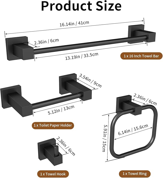 Matte Black Bathroom Accessories Set, 4 Pieces Bathroom Hardware Set with Towel Racks for Bathroom,16 Inch Towel Bar, Stainlless Steel Bathroom Set Wall Mounted