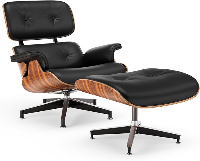 Top Black PU Leather, Mid Century Chaise Lounge Chair and Ottoman, Modern Chair Classic Design, Palisander Wood, Heavy Duty Base Support for Living Room Office