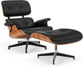 Top Black PU Leather, Mid Century Chaise Lounge Chair and Ottoman, Modern Chair Classic Design, Palisander Wood, Heavy Duty Base Support for Living Room Office