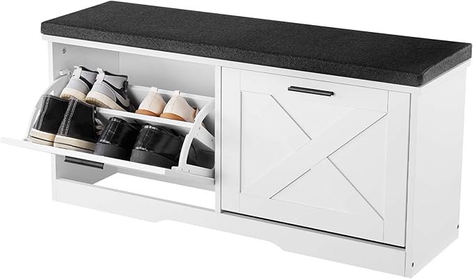 VEVOR Shoe Storage Bench with 2 Flip Drawers & Padded Cushion, Entryway Bench with Adjustable Shelves, Holds up to 440 lbs, 39.4 x 12.0 x 18.7 Inches, for Entryway, Hallway, Living Room, Bedroom