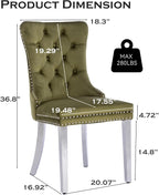 Velvet Upholstered Dining Chairs Set of 2, Modern Kitchen Side Chairs with Nailhead Trim and Silver Plated Leg, Metal Pulling Ring for Dining Room Living Room(Olive Green-Silver Plated Leg)