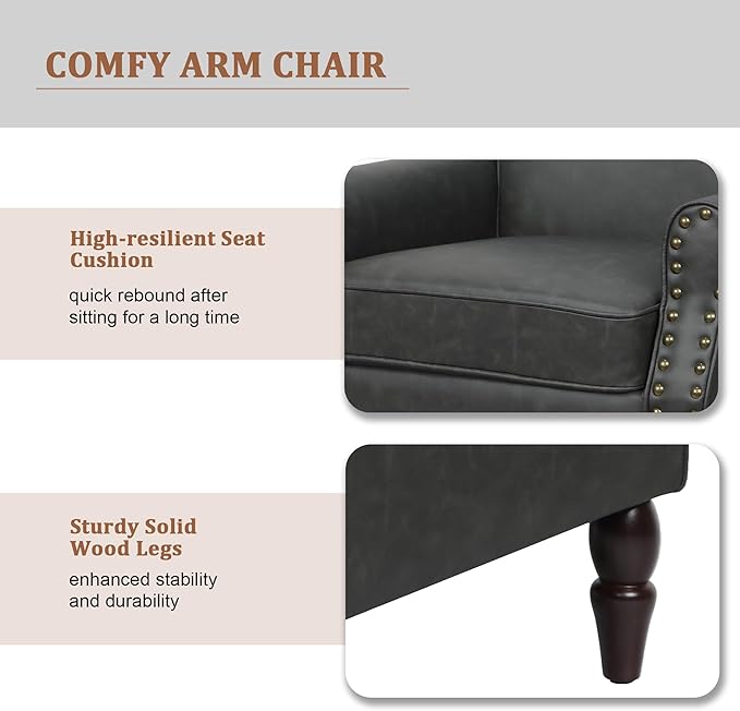 Accent Chair, Mid Century Modern Faux Leather Arm Chair with Wood Leg for Living Room, Bedroom, Comfy PU Leather Club Reading Chairs with Wingback & Nailhead Trim (Leather Black Grey, Set of 2)