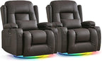 URRED Rocker Recliner Chair for Adults, 270° Swivel Glider Reclining Single Sofa with LED Ambient Light, Cup Holders and Side Pockets, Faux Leather Recliner for Living Room or Home Theater, Brown
