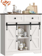 Farmhouse Storage Cabinet, Bathroom Cabinet with 2 Sliding Barn Doors, Floor Storage Cabinets with Adjustable Shelves and 2 Drawers for Kitchen, Living Room, Dining Room, White