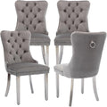 Velvet Upholstered Dining Chairs Set of 4, Modern Style Kitchen Side Chairs with Nailhead Trim and Silver Plated Leg, Metal Pulling Ring for Dining Room Living Room(Gery-Silver Plated Leg)