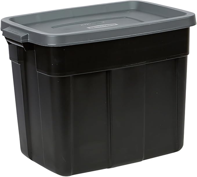 Rubbermaid Garage Storage Bins Black Plastic Stackable Storage with 3-Pack 31 GAL Capacity, Totes for Storage Home Organization Durable - Heavy Duty (31 GAL - 3 Pack Solid Black and Grey)