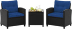 Tangkula 3 Piece Patio Furniture Set, Rattan Conversation Set w/Soft Seat & Back Cushions, Tempered Glass Topped Coffee Table, Cushioned Wicker Seating Set for Backyard, Porch, Poolside