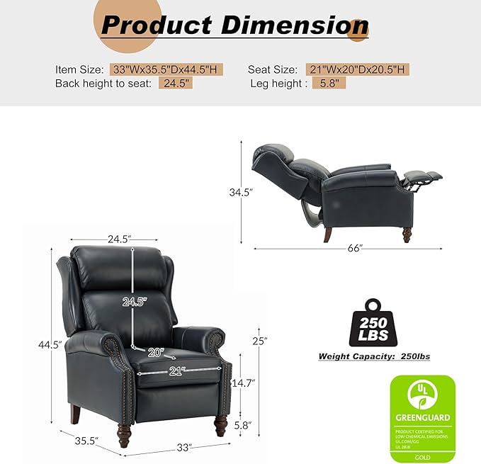 HULALA HOME Genuine Leather Recliner Chair, Traditional Manual Pushback Comfy Seating for Living Room, Thick Cushion & Solid Wood Legs, Wingback Recliner with Nailhead Trim, Navy