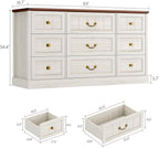 AOGLLATI Farmhouse 9 Drawers Dresser for Bedroom, 63" Wide Wood Rustic Chest of Drawers with Natural Texture, Vintage Design, Long Wide Storage Dresser for Bedroom, Antique White