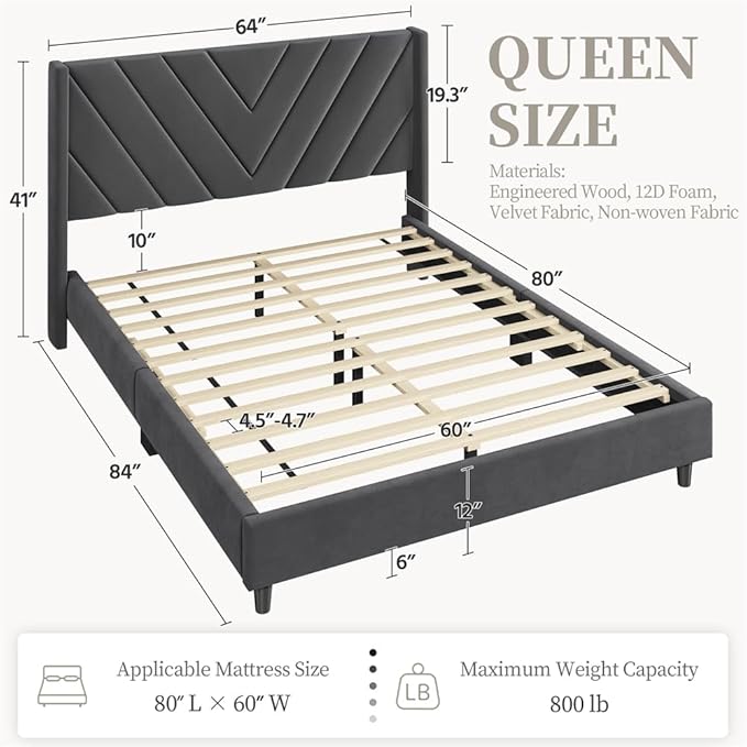 Yaheetech Queen Bed Frame Upholstered Platform Bed with Wing Side/Wooden Slat Support/Tufted Headboard with Wing Side/Mattress Foundation/No Box Spring Needed,Dark Gray Queen Bed