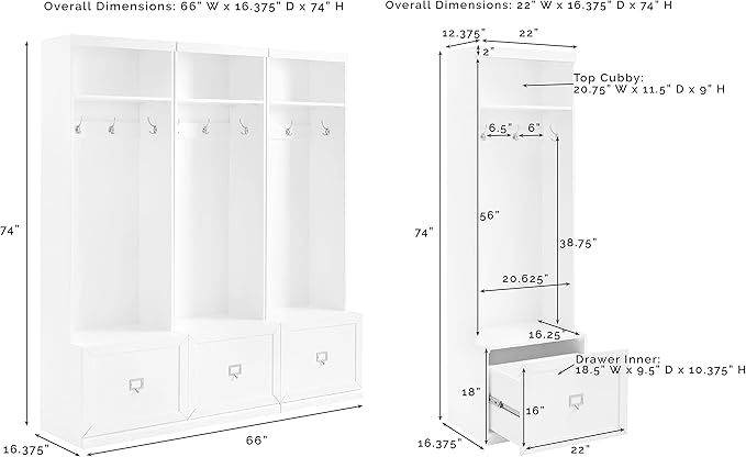 Crosley Furniture Harper 3-Piece Hall Tree Entryway Set with Storage Bench and Coat Rack Hooks for Hanging, White