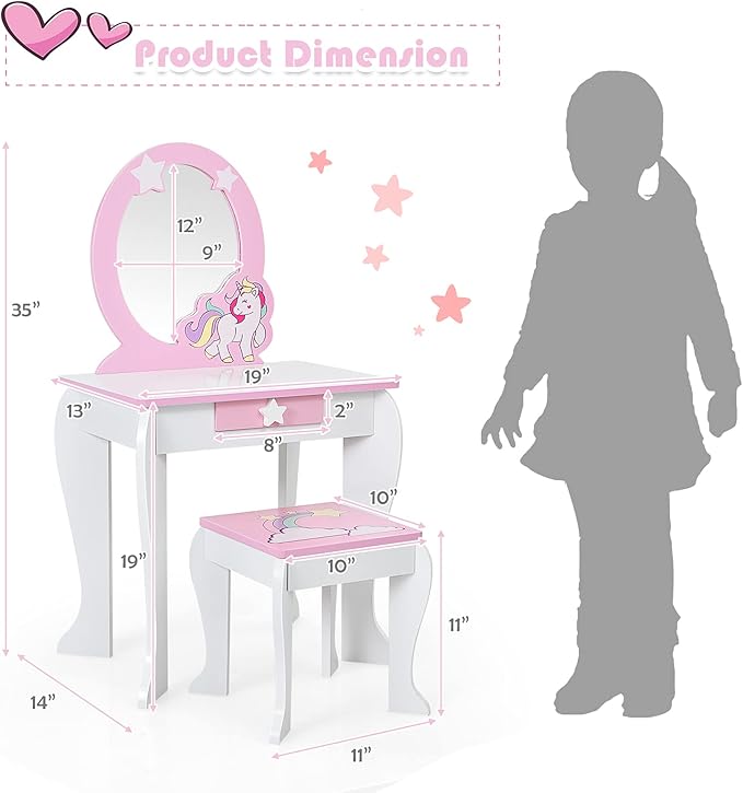 HONEY JOY Unicorn Kids Vanity, Toddler Makeup Table with Mirror and Stool, Wooden Pretend Play Vanity for Little Girls, Detachable Mirror and Storage Drawer, Kids Vanity Table and Chair Set (White)