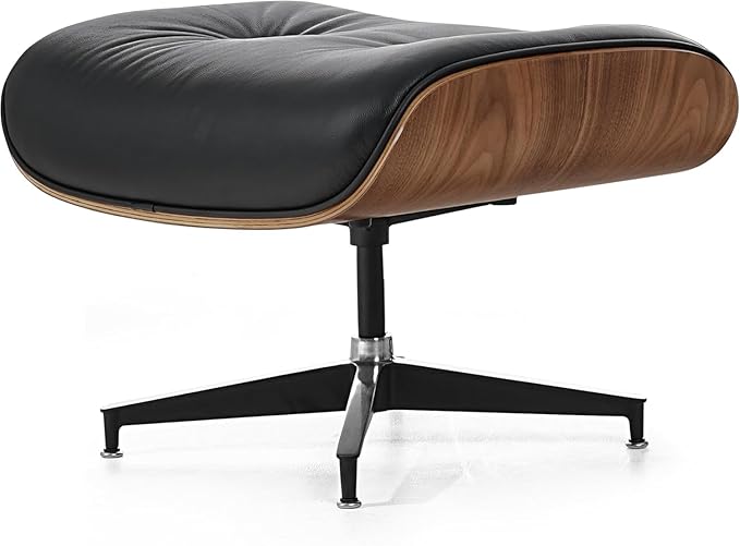 Top Black Grain Leather, Mid Century Chaise Lounge Chair and Ottoman, Modern Chair Classic Design, Walnut Wood, Heavy Duty Base Support for Living Room Office