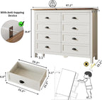 Farmhouse White Dresser for Bedroom, Wide Wood Dressers & Chests of Drawers, Modern 8 Drawer Double Dresser for Bedroom with Vintage Black Handle, 8 Drawer Dressers for Hallway, Antique White