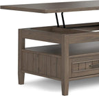 SIMPLIHOME Lev Lift Top Coffee Table - 48 inch Wide Solid Wood Rectangle Living Room Table in Smoky Brown, Transitional Cocktail Table for Family Room with Hidden Storage and Open Shelf