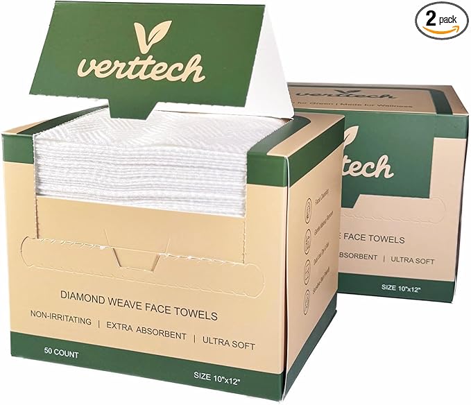 verttech™ Diamond Weave Disposable Face Towels, 100 Count (2 x 50 Count) –Clean Towels XL10"x12", Ultra Absorbent, Facial Tissue for Clean Skin, Makeup Remover Wipes
