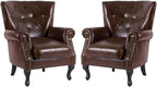 MOJAY PU Leather Accent Chair Set of 2, Mid-Century Modern Armchair Living Room Club Chair with Tufted Button & Rivet Trim, Upholstered Sofa Chair with Sturdy Wood Legs for Bedroom (Reddish Brown)