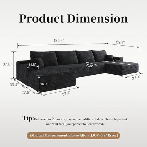 135.4" Oversized Cloud Modular Sectional Sofa, U-Shaped Couches with Ottoman for Living Room, Deep Seat Boneless Couch, 1600lb Weight Capacity, No Assembly Required (Black, Right Facing Chaise)