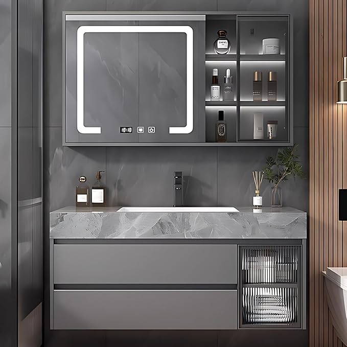 White 36IN Modern Bathroom Vanity - Wall-Mounted Bathroom Storage Cabinet & Bathroom Vanity with Sink, Bathroom Medicine Cabinet Wall Mounted, Defogging & Led Lighting | Bathroom Cabinet Slim