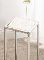 Kate and Laurel Jaspur Modern Glam Drink Table, 7 x 7 x 21, White and Silver, Decorative Metal and Marble Accent Martini Cocktail Table for Display and Storage