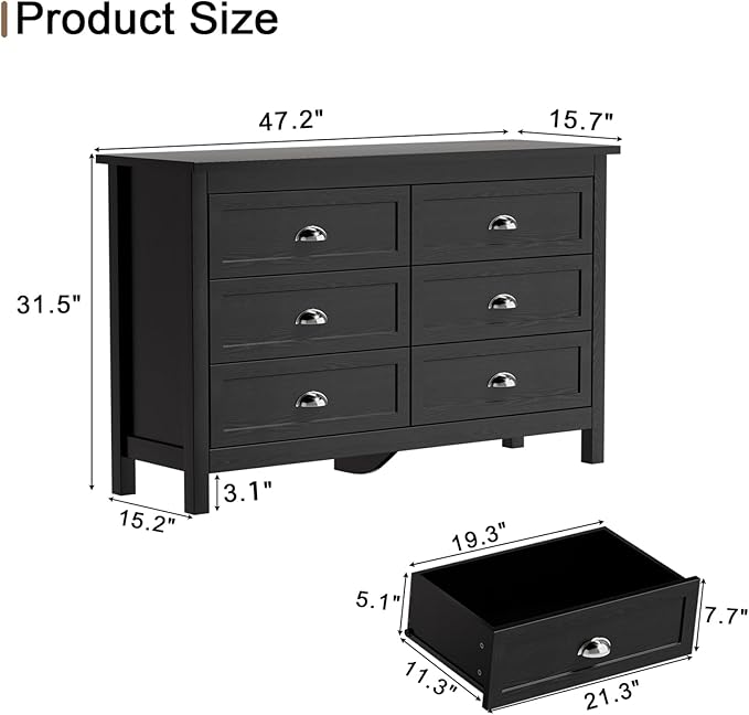 Black Dresser for Bedroom, Farmhouse 6 Drawer Double Dresser with Vintage Antique Handles, Modern Dressers and Chest of Drawers for Bedroom