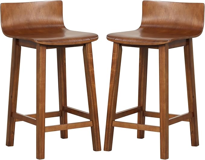 COSTWAY Solid Wood Bar Stools Set of 2, 24.5-inch Counter Height Chairs with Low Back and Footrest, Farmhouse Wooden Armless barstools for Kitchen Island, Dining Room, Cafe, Breakfast, Brown