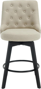 MINCETA Set of 4 Upholstered Bar Stools - 26 Inch Swivel Counter Height Stools with Low Tufted Back, Footrest & Performance Fabric - Khaki Round Seat for Kitchen Island & Home Bar