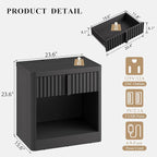 Fluted Nightstand Set of 2 with Charging Station, 23.6" Wood End Table with Solid Wood Handle, Curved Profile Design, Mid Century Moden Bedside Table for Bedroom, Black