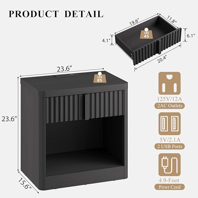 Fluted Nightstand with Charging Station, 23.6" End Table with Solid Wood Handle, Curved Profile Design, Mid Century Moden Bedside Table for Bedroom, Black