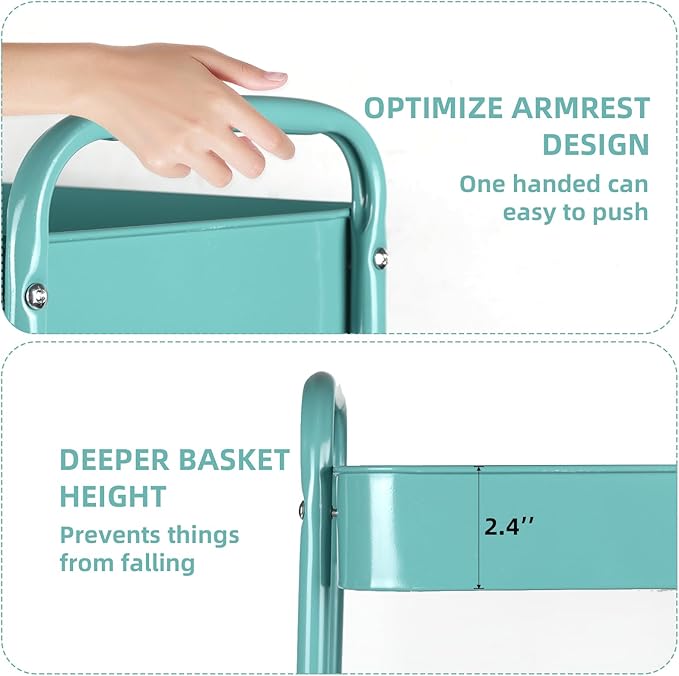 3 Tier Organizer Cart on Wheels, Metal Rolling Storage Cart with Wheels, Mobile Shelving Multifunction Storage Trolley with 4 Hooks fo Laundry Room Bathroom Kitchen Office, Green