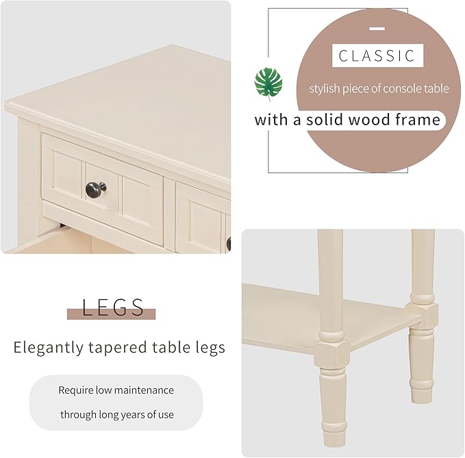 Knocbel Slim Antique Entry Console Table with 3 Drawers & Bottom Open Shelf, Solid Wood Narrow Sofa Couch Table for Entryway Hallway Living Room 23.7" W x 13" D x 31.4" H Beige