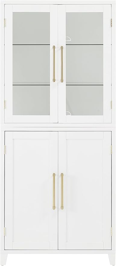 Crosley Furniture Roarke Glass Door China Hutch Kitchen Pantry Storage Cabinet with Doors and Shelves, White