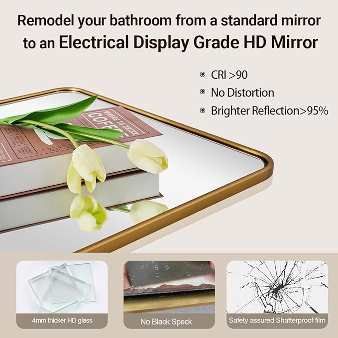 ANDY STAR Gold Bathroom Mirror for Wall, 30x36 Inch Rectangle Mirror for Bathroom with Rounded Corner, Modern Brushed Brass Rectangular Vanity Mirror with Anti-Rust Tube Metal Frame, Explosion-Proof